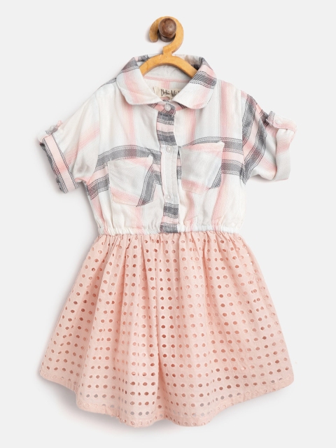 

Bella Moda Girls Off-White & Peach-Coloured Checked Shirt Dress with Schiffli Embroidered
