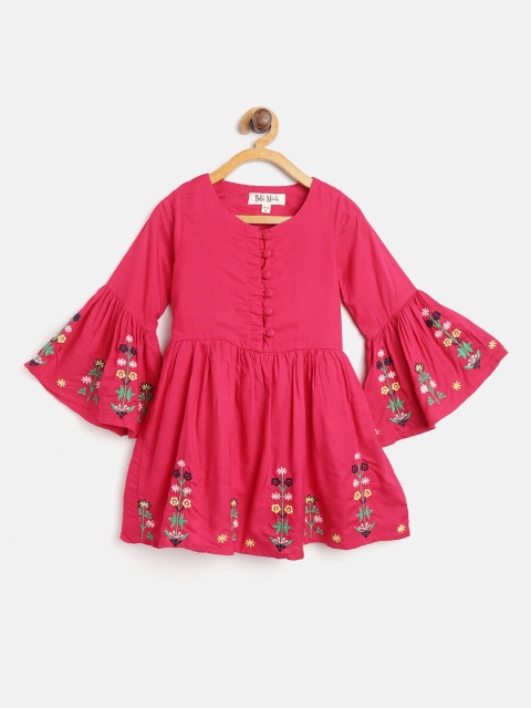 

Bella Moda Girls Pink Solid Fit & Flare Dress with Floral Embroidered Detail