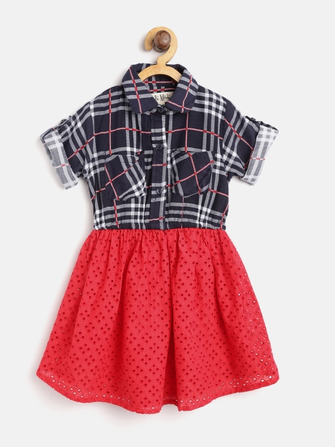 

Bella Moda Girls Navy Blue & Red Checked Fit and Flare Dress