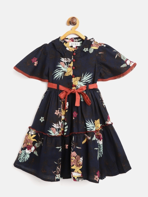 

Bella Moda Girls Navy Blue & Yellow Printed Fit and Flare Dress