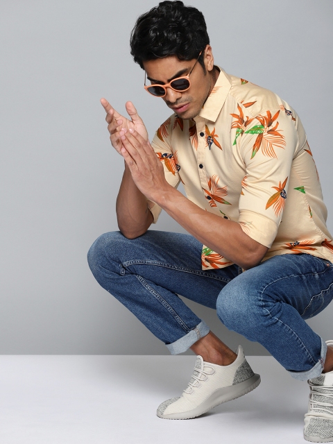 

Dennis Lingo Men Cream-Coloured & Orange Slim Fit Printed Casual Shirt