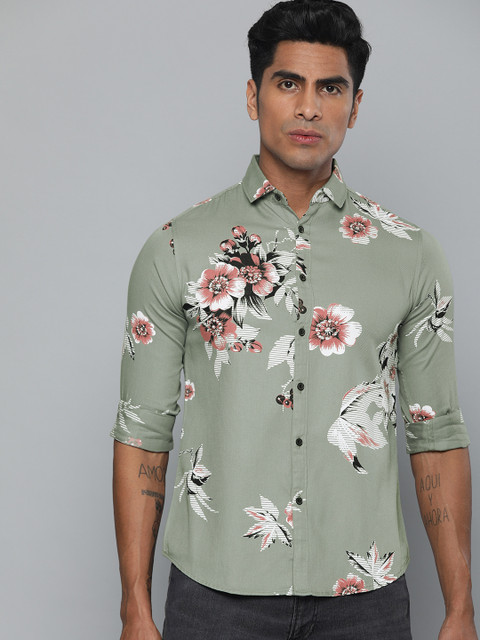 

Dennis Lingo Men Olive Green & Pink Modern Slim Fit Printed Casual Shirt