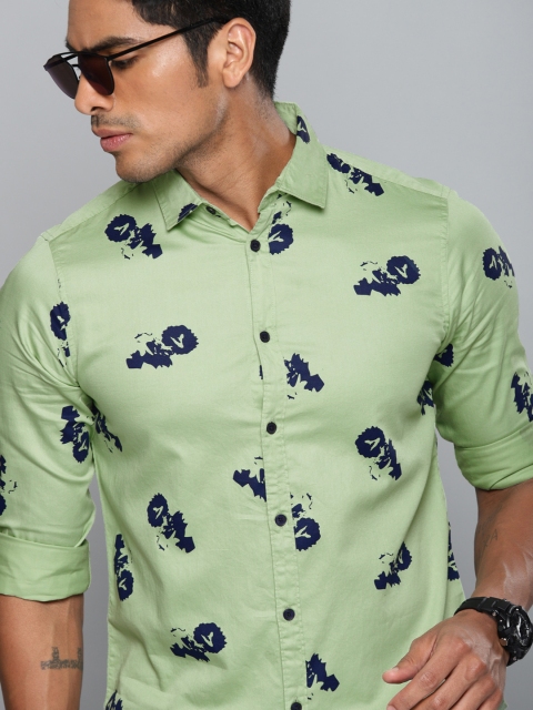 

Dennis Lingo Men Green & Navy Blue Slim Fit Printed Casual Shirt