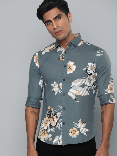 

Dennis Lingo Men Blue & Beige Modern Slim Fit Printed Casual Shirt