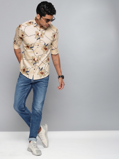 

Dennis Lingo Men Cream-Coloured & Navy Blue Slim Fit Printed Casual Shirt