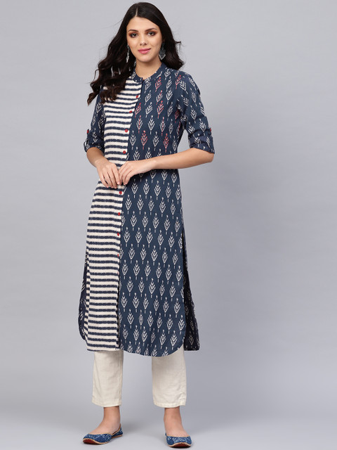 

Divena Women Navy Blue & Off-White Woven Design Straight Kurta