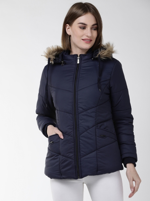 Foreign Culture By Fort Collins Women Navy Blue Solid Hooded Parka Jacket