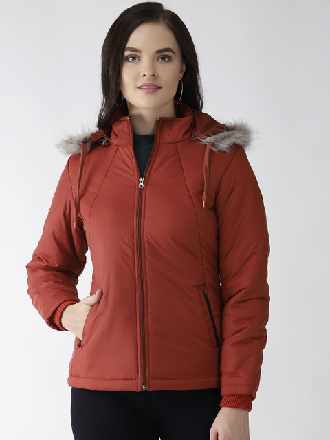 

Foreign Culture By Fort Collins Women Rust Red Solid Parka Jacket with Detachable Hood