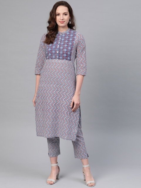 

Sangria Women Blue & White Printed Kurta with Trousers