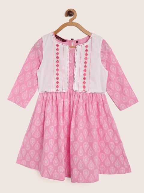 

Sangria Girls Pink & White Printed A-Line Dress with Ethnic Jacket