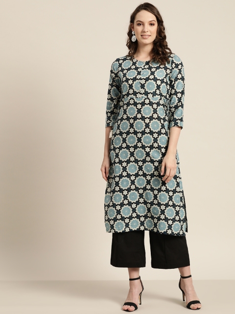 

Sangria Women Blue & Black Printed Straight Kurta