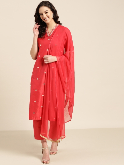 

Sangria Women Red & Beige Embroidered Kurta with Trousers & Dupatta