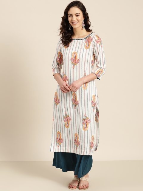 

Sangria Women White & Teal Blue Printed Kurta with Palazzos