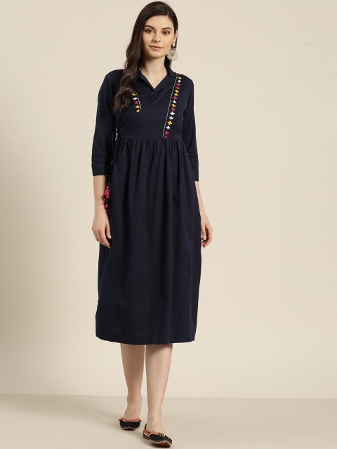 

Sangria Women Navy Blue Dori Floral Embroidered Detail Wrap Dress