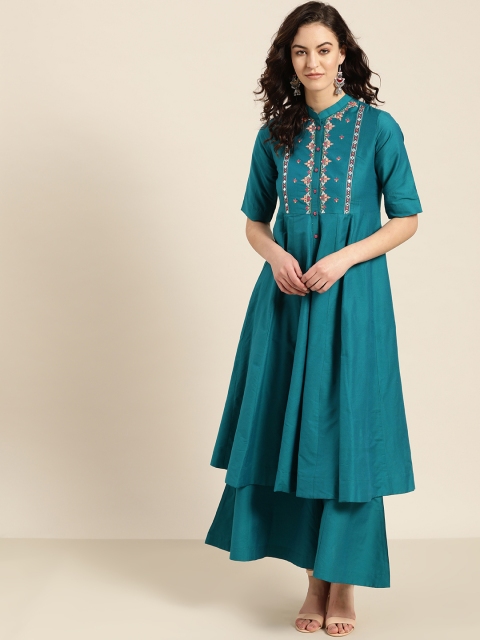 

Sangria Women Teal Blue Yoke Design Kurta with Palazzos