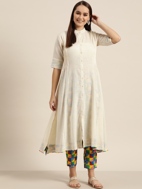 

Sangria Women Off-White & Yellow Solid A-Line Kurta with Trousers