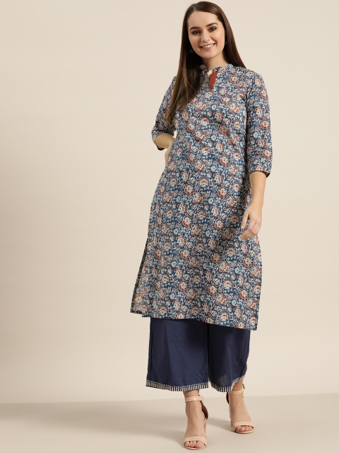 Women Navy Blue & White Printed Straight Kurta