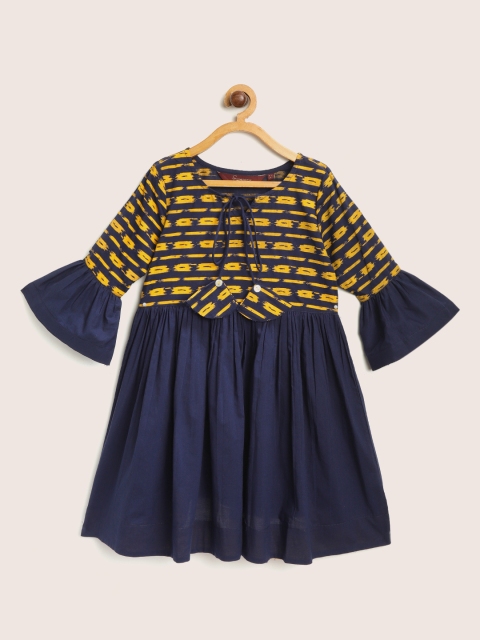 

Sangria Girls Navy Blue & Mustard Yellow Printed A-Line Dress