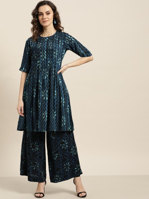 

Sangria Women Teal Blue & Black Block Print Kurta with Palazzos