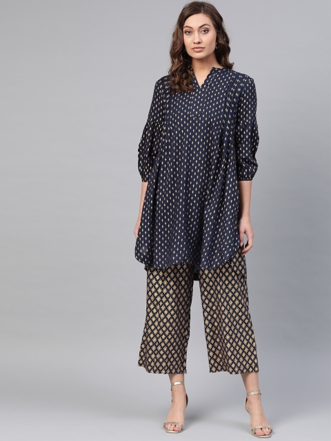 

Sangria Women Navy Blue & Golden Printed Kurta with Palazzos