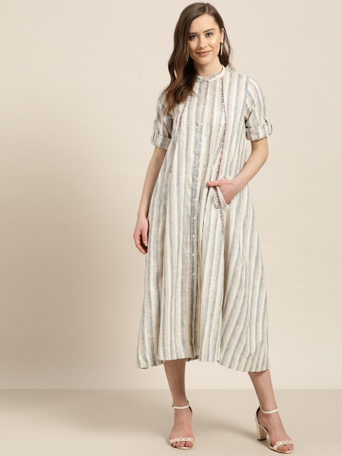 

Sangria Women Beige & Grey Striped A-Line Dress