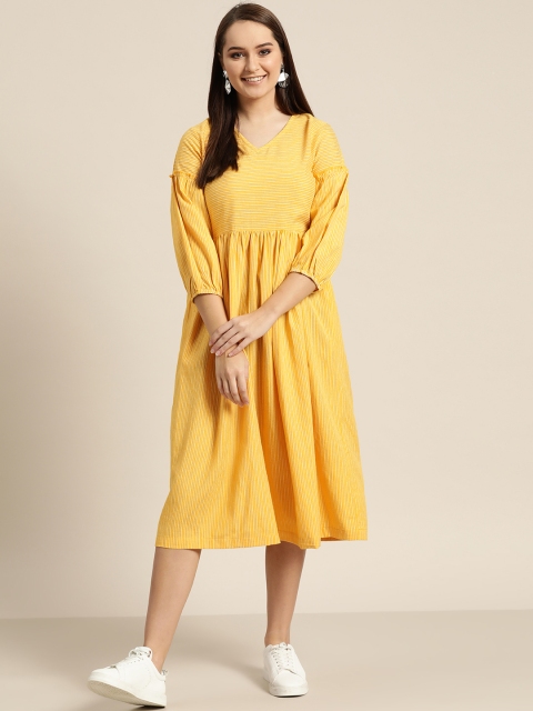 

Sangria Women Yellow & White Striped A-Line Dress