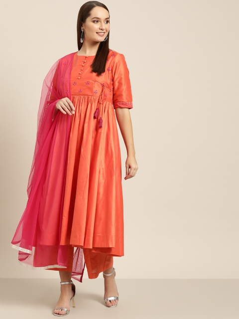 

Sangria Women Orange & Pink Angrakha Yoke Design Kurta with Trousers & Dupatta