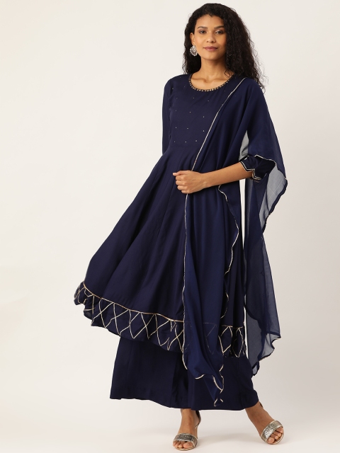 

Sangria Women Navy Blue Solid Kurta with Palazzos & Dupatta