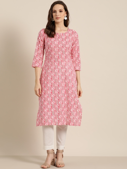 

Sangria Women Pink & White Printed Straight Kurta