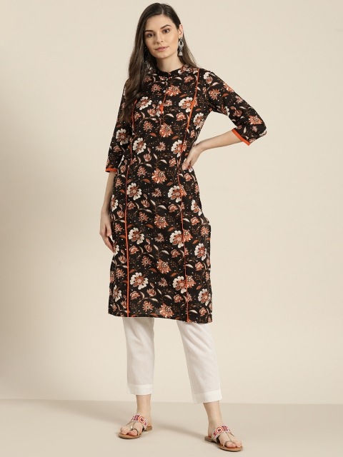 

Sangria Women Black & Orange Floral Print Straight Kurta