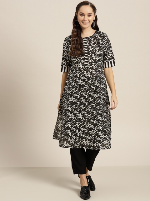 

Sangria Women Black & Off-White Printed Straight Kurta