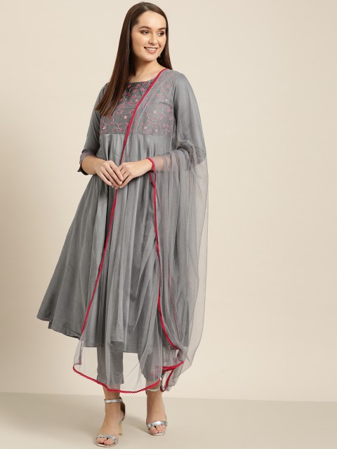 

Sangria Women Charcoal Grey & Pink Yoke Design Kurta with Trousers & Dupatta