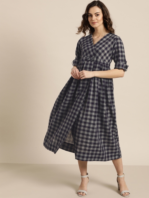 

Sangria Women Navy Blue & Grey Checked Wrap Dress