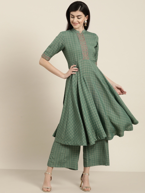 

Sangria Women Green & Golden Checked Kurta with Palazzos