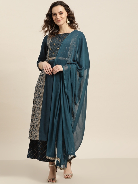 

Sangria Women Teal Blue & Golden Printed Kurta with Palazzos & Dupatta