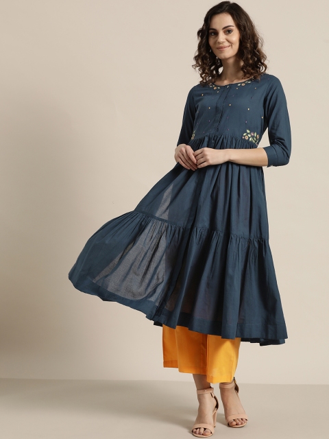 

Sangria Women Navy Blue & Mustard Yellow Yoke Design Tiered Kurta with Palazzos