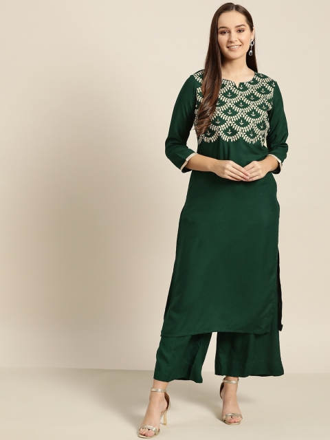 

Sangria Women Green & Golden Yoke Design Straight Kurta with Palazzos