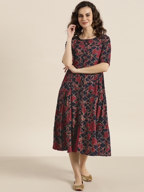 

Sangria Women Navy & Rust Red Printed Maxi Dress, Navy blue