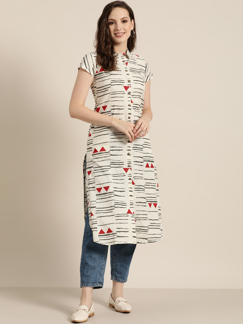

Sangria Women Off-White & Charcoal Grey Printed Straight Kurta