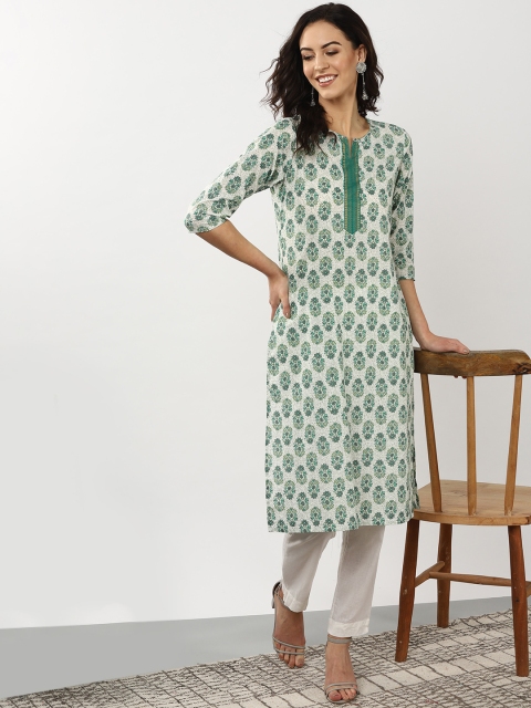 

Sangria Women White & Green Printed Straight Kurta