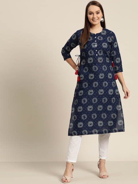 

Sangria Women Navy Blue & Off-White Printed Straight Kurta