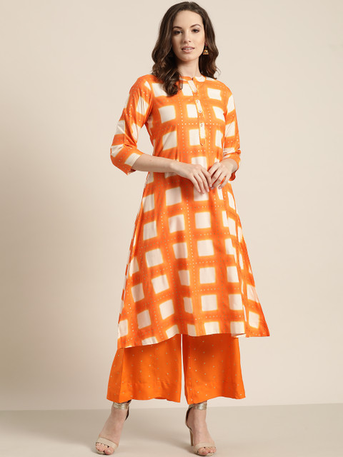 

Sangria Women Orange & Off-White Checked Kurta with Palazzos