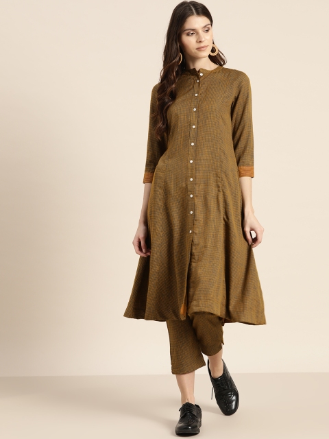 

Sangria Women Mustard Yellow & Navy Blue Self-Checked Kurta with Trousers
