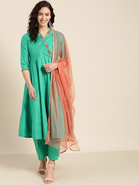 

Sangria Women Green & Peach Coloured Embroidered Detail Angrakha Kurta Set