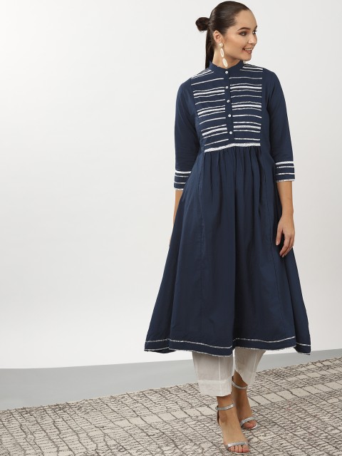

Sangria Women Navy Blue & White Gotta-Patti Detail A-Line Kurta