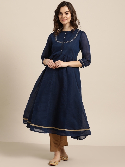 

Sangria Women Navy Blue Embroidered Detail Anarkali Kurta