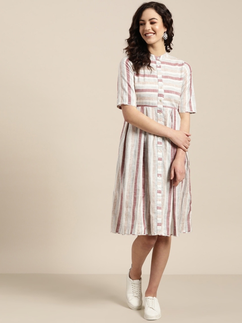 sangria-women-off-white-rust-red-self-striped-a-line-dress