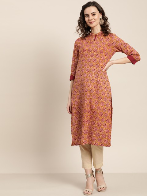 

Sangria Women Mustard Yellow & Maroon Printed Straight Kurta