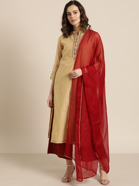 

Sangria Women Beige & Maroon Solid Kurta with Palazzos & Dupatta