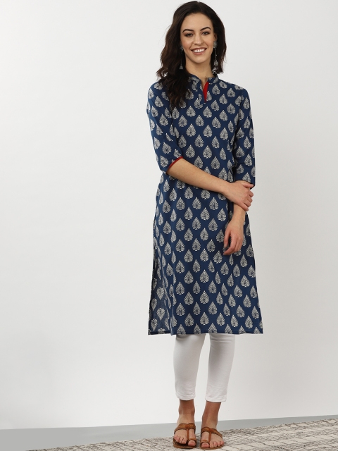 

Sangria Women Navy Blue & Off White Leaf Printed Straight Kurta